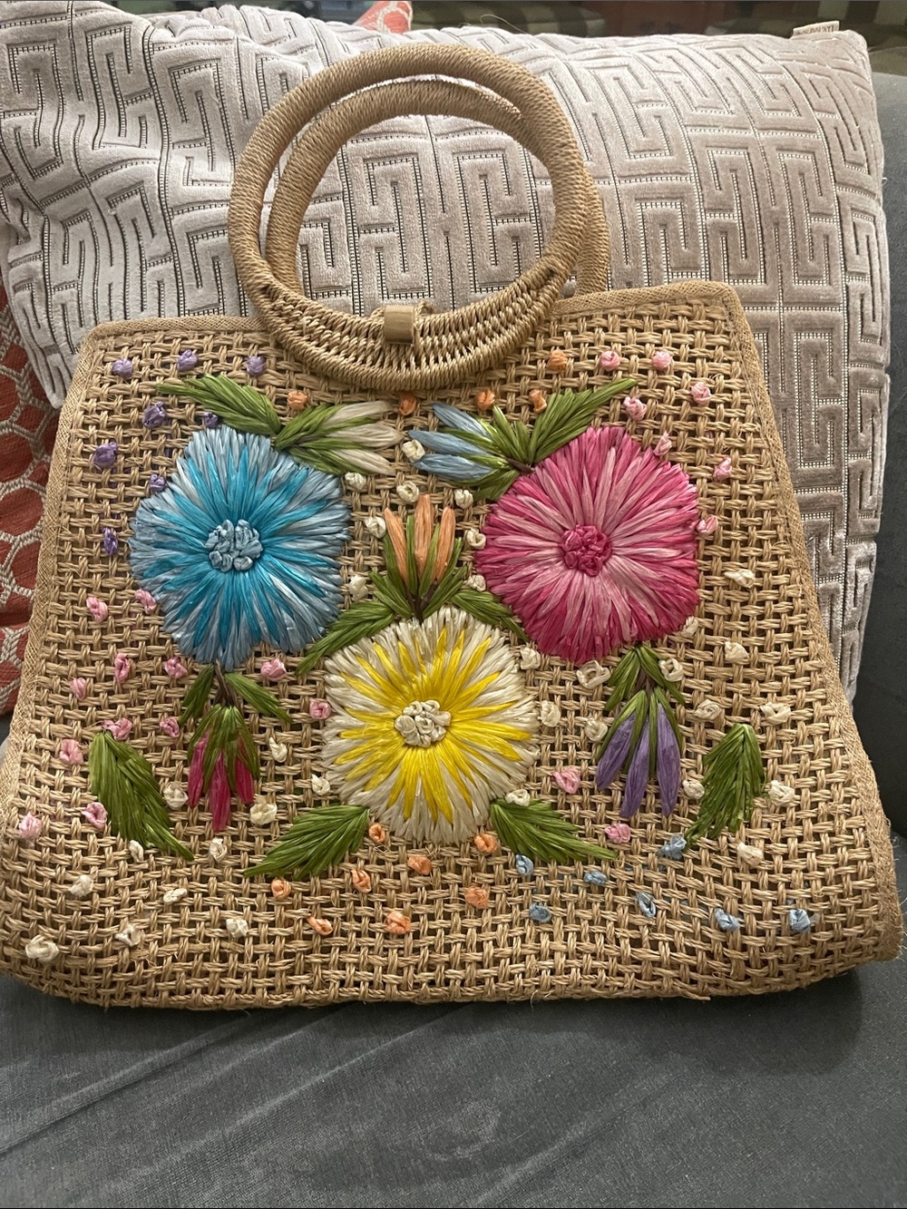 Embroidered Straw Tote Bag with Pink, Blue & Yellow Floral Detail